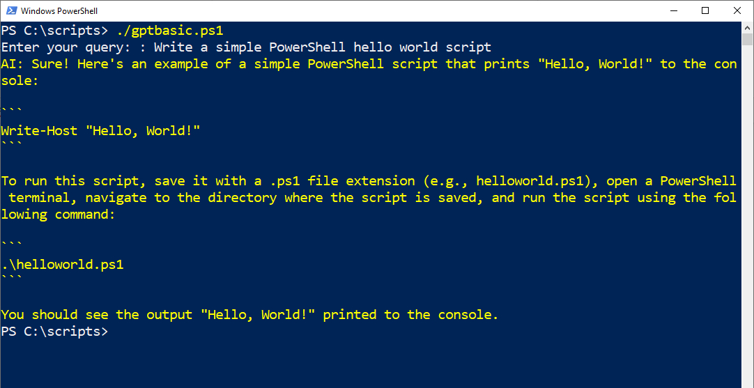 Screenshot shows an example of PowerShell code generated by ChatGPT