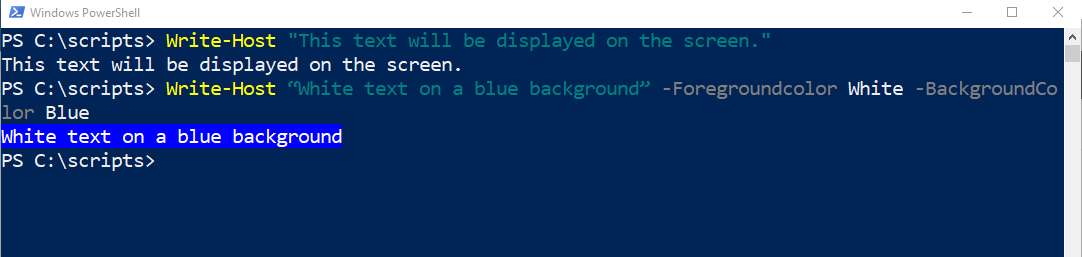 PowerShell screenshot shows Write-Host cmdlet supporting multiple colors