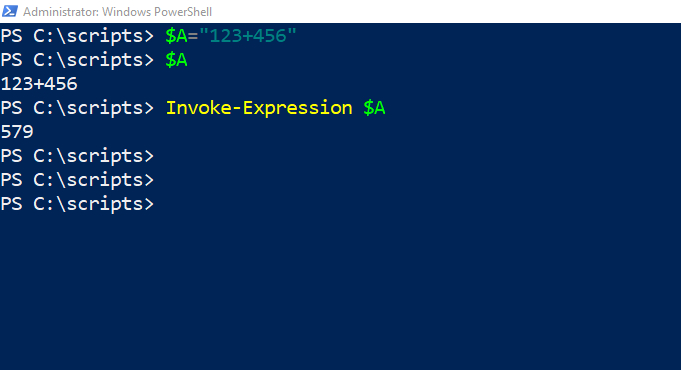 PowerShell screenshot shows the use of Invoke-Expression cmdlet to evaluate a string