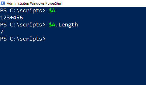 PowerShell screenshot shows a variable being checked for the number of characters it contains