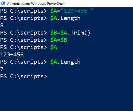 PowerShell screenshot showing the use of the Trim operation