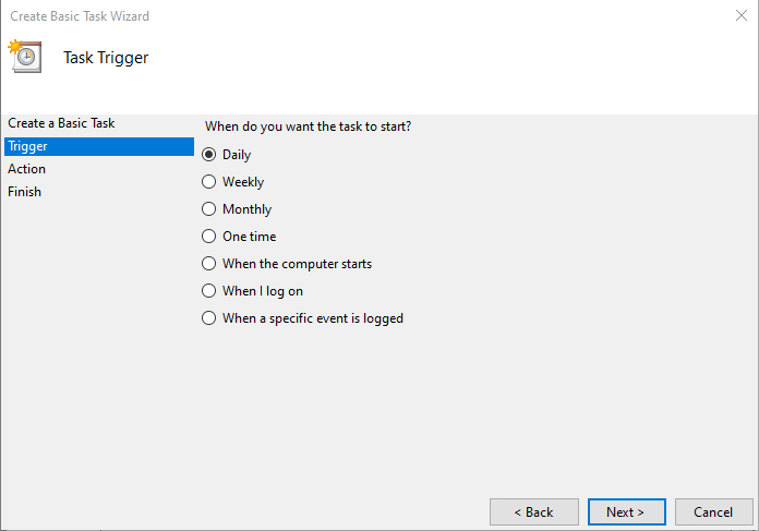Windows Task Schedule screenshot shows the Task Trigger options