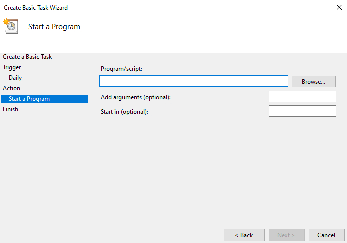 Windows Task Scheduler screenshot shows Start a Program screen 