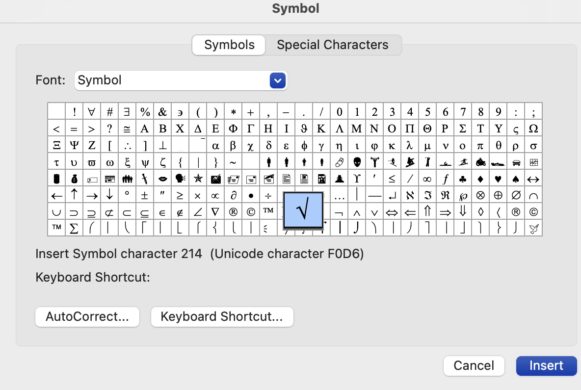 You can find the square root symbol in the Advanced Character library, which you can access under the Insert tab. 