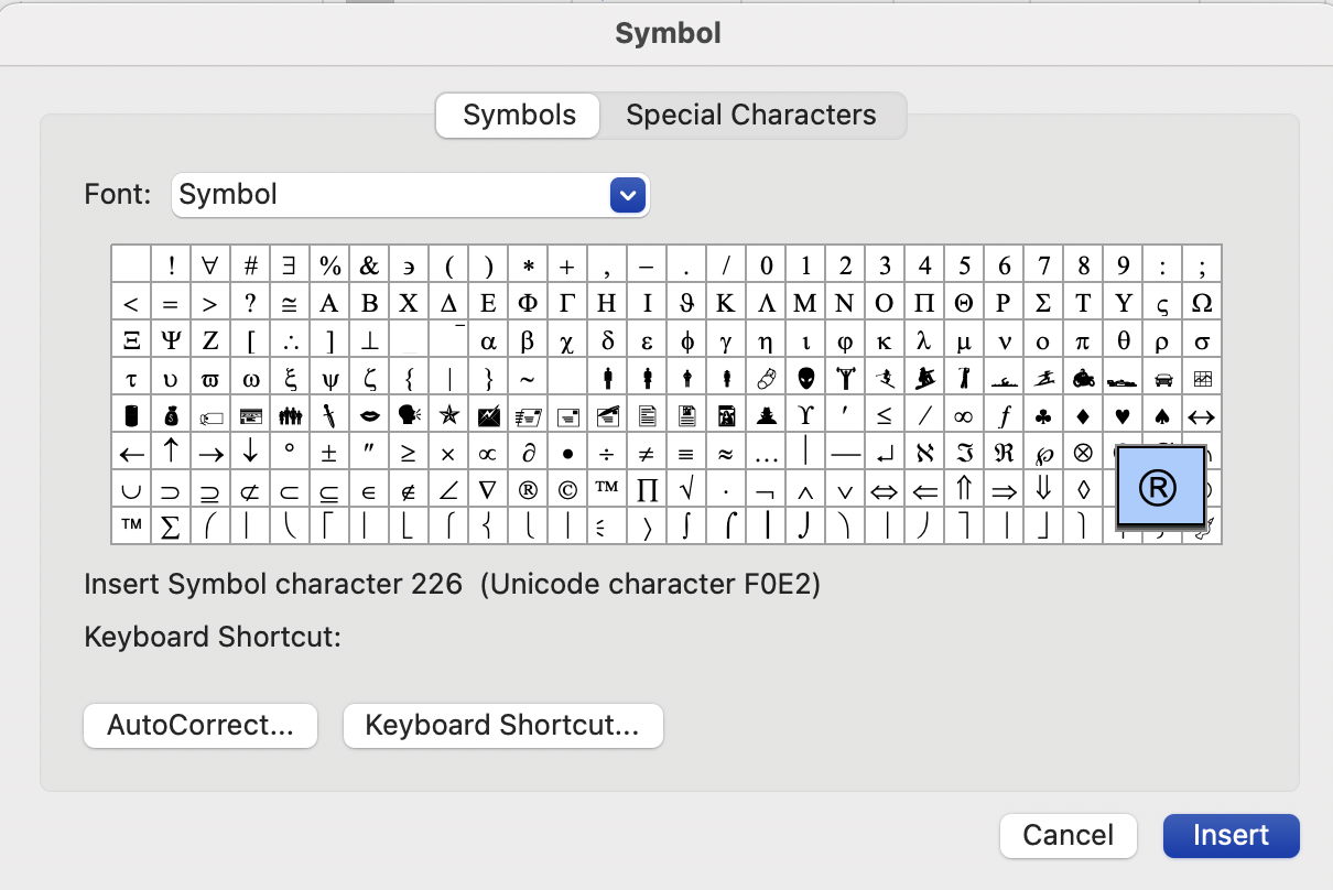 If you’re using Microsoft Word, you can also launch the Advanced Symbols Library from the Insert tab, locate the registered trademark symbol, and double-click it.