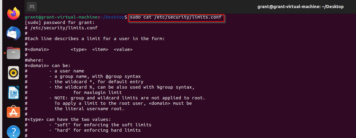 screenshot of Linux output of sudo cat /etc/security/limits.conf file