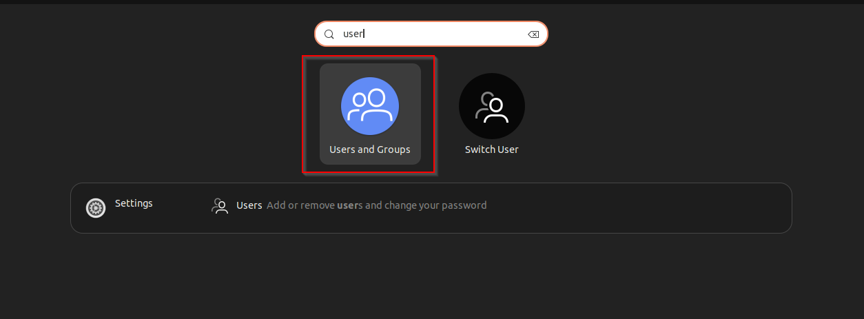 shows the search for the Users and Groups tool in GNOME