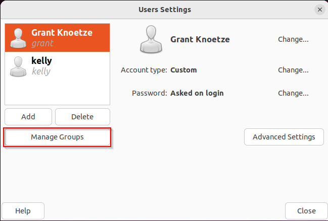 shows selecting Managed Groups option in the Users and Groups GUI tool