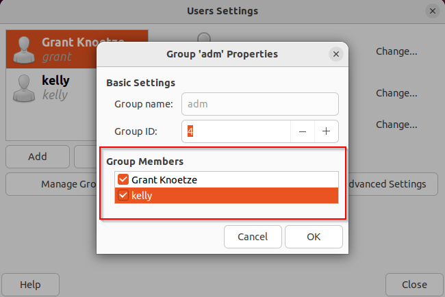 shows checkbox next to a user’s name in GUI tool