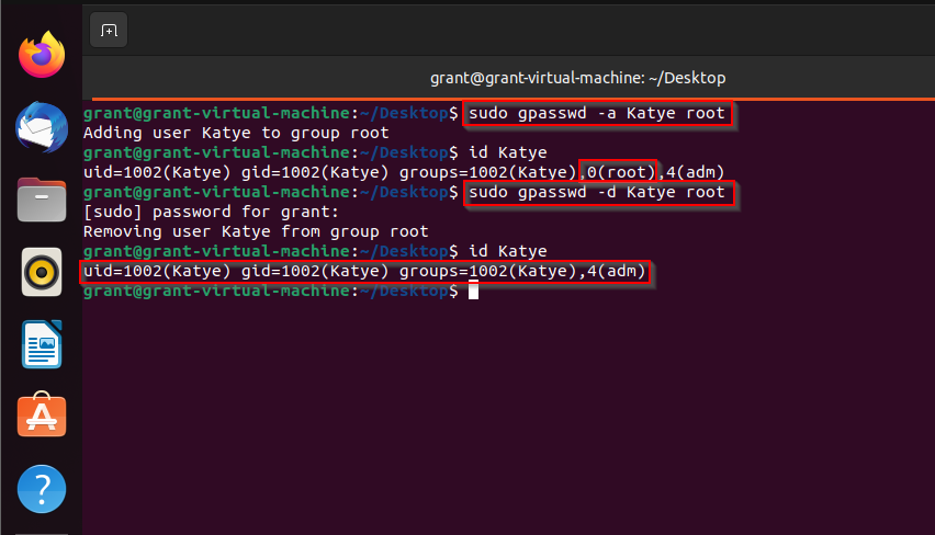 shows gpasswd command used in Linux terminal to add and remove a user from a group