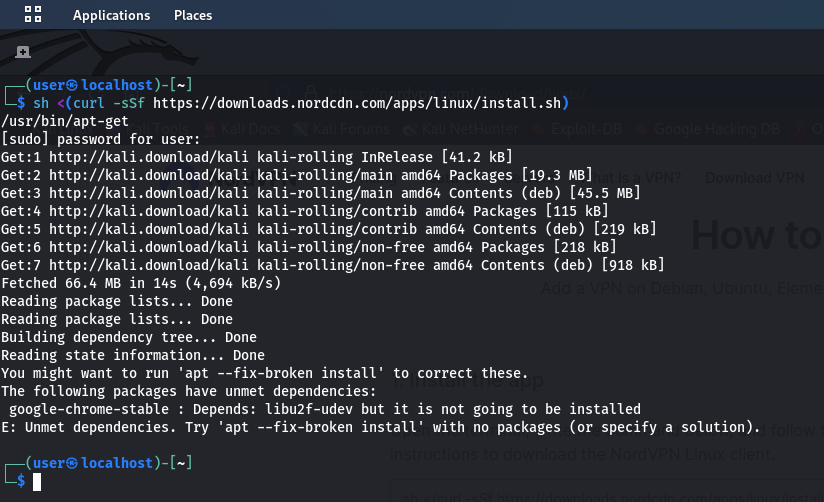 shows Linux command taken from the NordVPN website to download the application